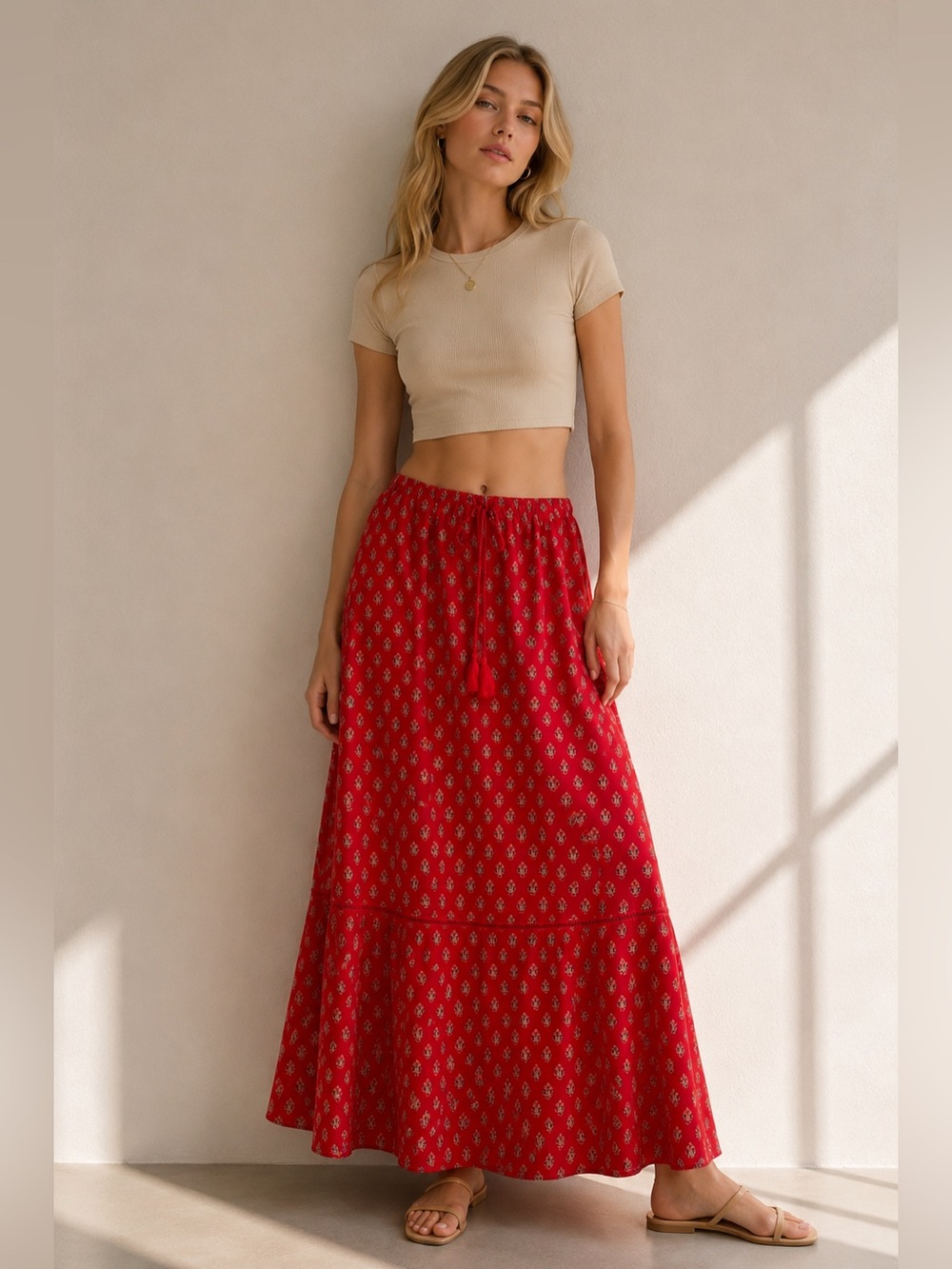 Universal Thread Red Printed Maxi Skirt with Tassel Drawstring